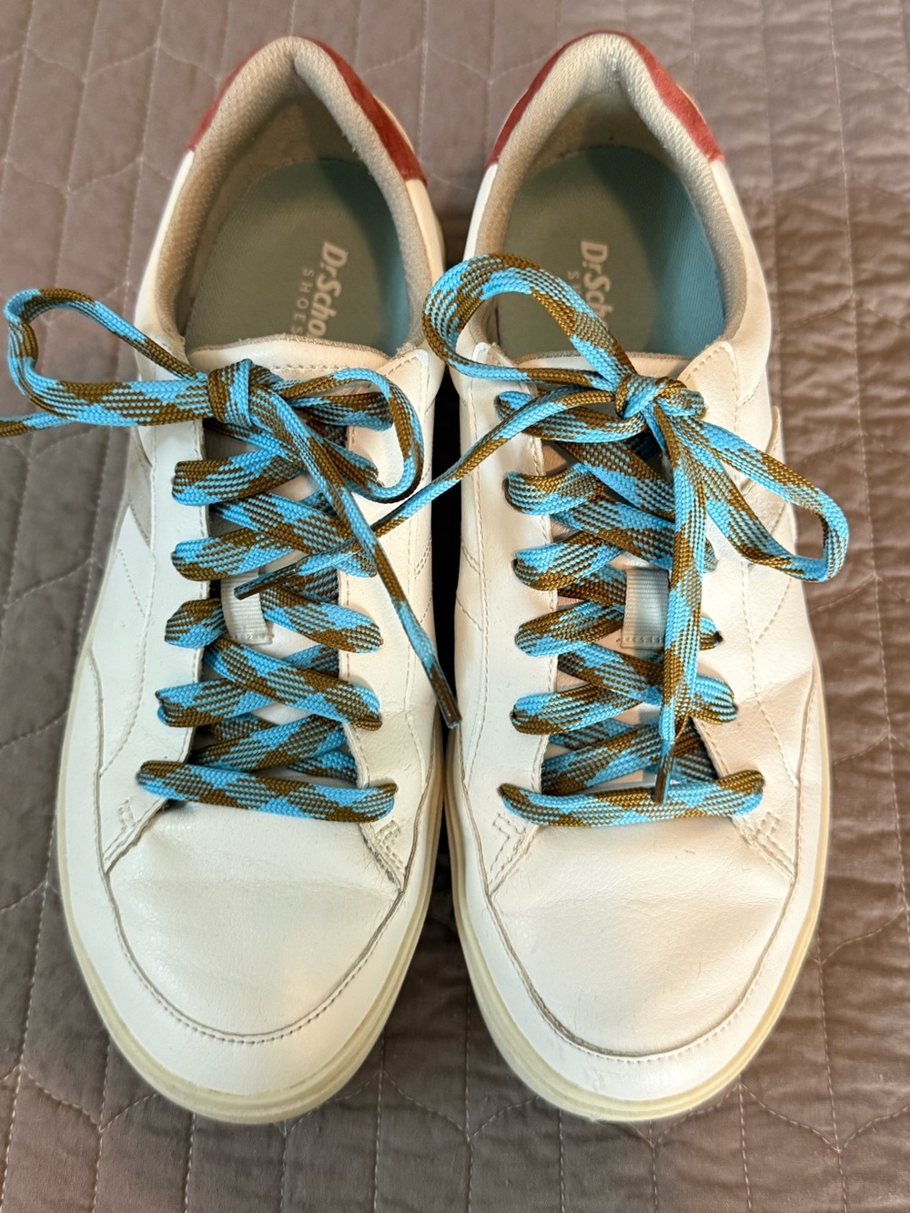 Dr. Scholl's White Sneakers with Blue and Brown Laces and Red Heel - Picture 3 of 12
